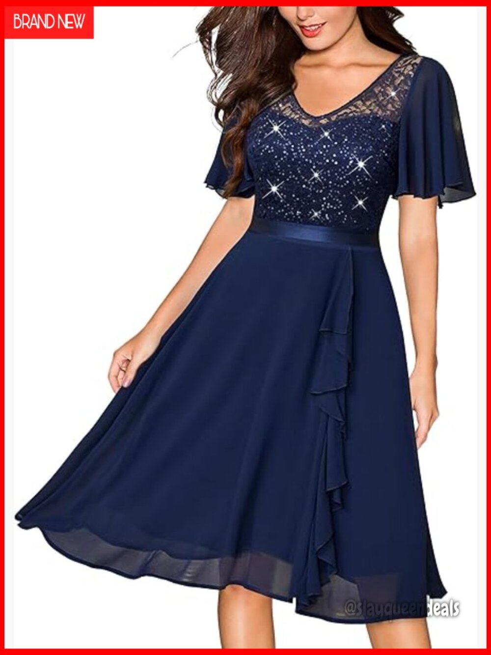 Sequin Lace V Neck Ruffle Cocktail Dress - A-line Midi